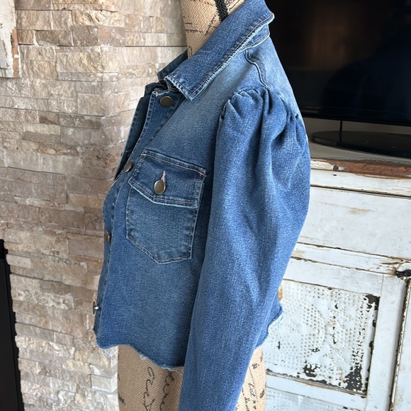 tgla puff long sleeve blue denim jacket shirt cropped raw hem stretch - Picture 10 of 16